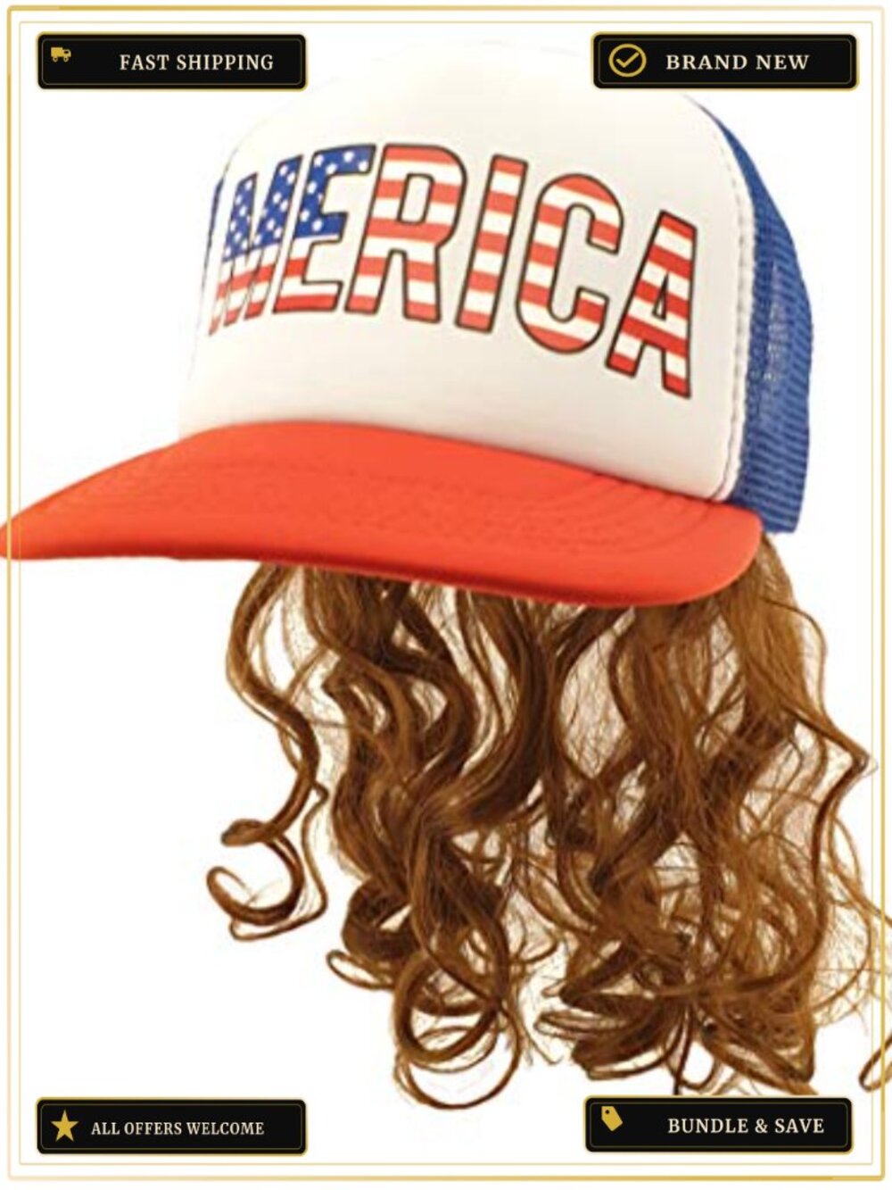 USA Mullet Hat with Attachable Mullet Wig, Adjustable Snapback, One Size